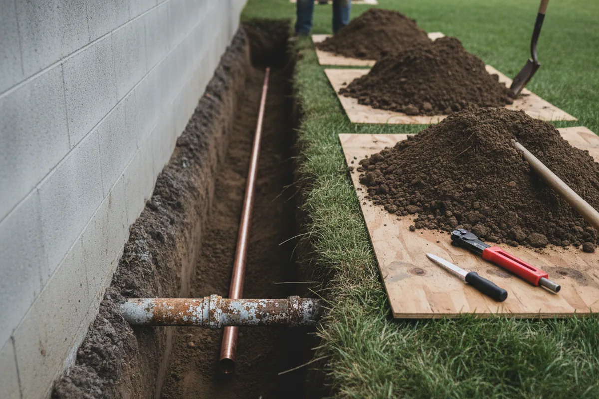 Excavated water line trench during Sewer Line Repair in Nelsonia